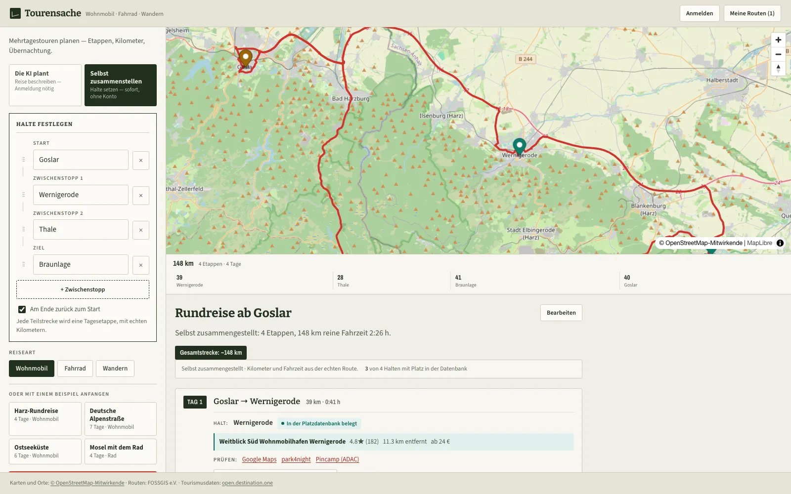 Der Planer: links die Etappenliste mit Kilometern und Übernachtungsplätzen, rechts die Karte mit der eingezeichneten Route.